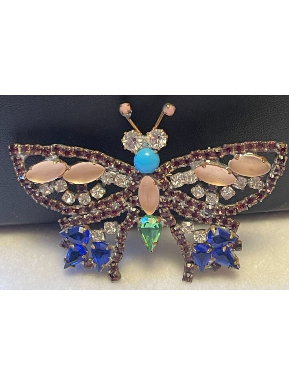 Vtg Czech Glass Butterfly Brooch With Rare Colored Glass Stones & Intricate Desi